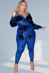 Cozy Plus Size Velvet Winter Jumpsuit with High Waist Bandage and Long Sleeve Solid Color
