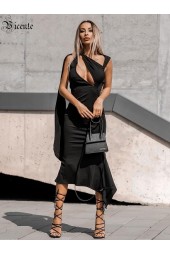 Timeless Elegance: Black Long Wear Diagonal Collar Key Hole Design Backless Summer Dress