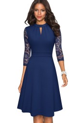 Niceforever Autumn Lace Patchwork Retro Business Flare Swing Dress