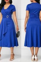 Elegant Solid Short Sleeve Asymmetric Hem Waist Tight Midi Dress