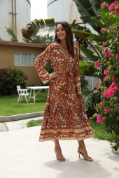 Bohemia Buttons Neck Floral Sleeve Gypsy Maxi Boho Holiday Dress