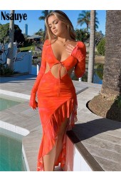 Ruffled Elegance: Orange Maxi Dress for Autumn Club