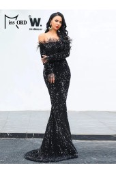 Elegant Off Shoulder Feather Sequin Black Mermaid Hem Prom Gown Wedding Formal Slim Evening Dress