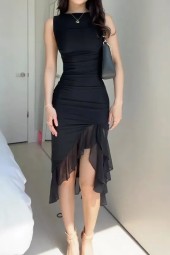 Maxi Summer Elegant Solid Sleeveless Nipped Waist Slim Backless Ruffled Irregular Dress Streetwear