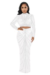 Long Sleeve Mesh Maxi Bodycon Elegant Sparkly Rhinestone Birthday Dress Club Two Piece Sets Outifits