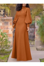 Vintage Hollow Out Maxi Long Puff Sleeve Autumn Waited Robe Stand Collar Button Dress