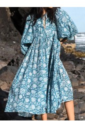Oversized Casual Loose Summer Elegant Floral Long Lantern Sleeve Boho Beach Holiday Dress