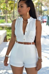 White Button Up Pocket Accent Waistband Chic Romper