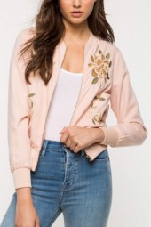 Pink Floral Embroidery Zipper Up Sweet Jacket
