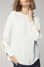 White Boat Neck Buttoned Cutout Slit Long Sleeve  Blouse