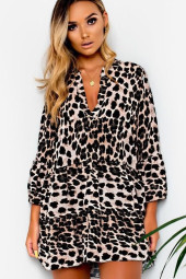 Leopard V-Neck Ruffle Sleeve Short Dress Leopard Leopard V-Neck Ruffle Sleeve Short Dress Leopard