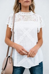 Women's White Lace Crochet Short Sleeve Mock Neck Casual Blouse