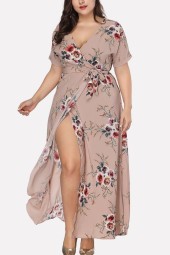 Elegant Khaki Floral V-Neck Wrap Slit Maxi Dress - Perfect for Any Casual Occasion