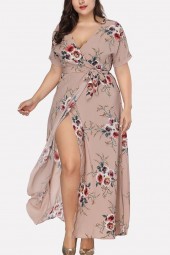 Khaki Floral V Neck Wrap Slit Short Sleeve Casual Maxi Plus Size Dress