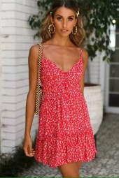 Red Floral Button Up Spaghetti Straps Casual Dress