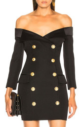 Off-Shoulder Lion Button Short Dress Long Sleeve
