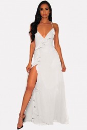 White Ruffles Slit Lace Up Sleeveless Maxi Dress