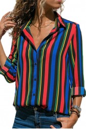 Plus Size Striped Chiffon Blouse - Long Sleeve Turn Down Collar Office Shirt for Women