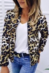 Khaki Leopard Zipper Up Long Sleeve Casual Coat