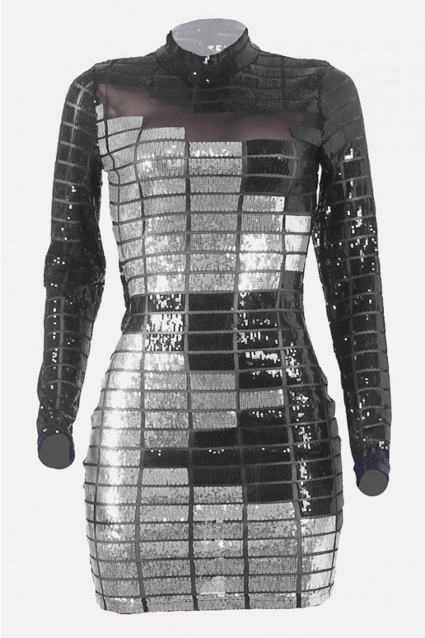 Glamorous Sparkle: Black Sequin Mock Neck Long Sleeve Bodycon Dress