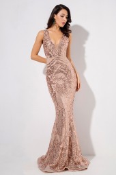 Rose Gold Sparkle: Deep Vneck Sleeveless Dress with Geometric Sequins and Mesh Lining