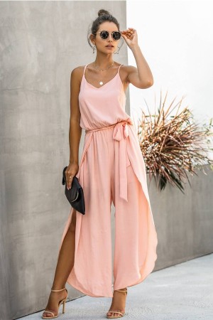 Pretty Pink Spaghetti Strap Slit Jumpsuit - Perfect for Casual Wear!