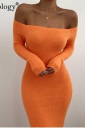 Neon Glow: Off-Shoulder Knit Maxi Dress with Ribbed Long Sleeves for an Elegant Autumn/Winter Party Look