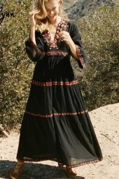 Black Rayon Boho Floral Embroidery Flare Long Sleeve Vneck Loose Dress Hippie Dress