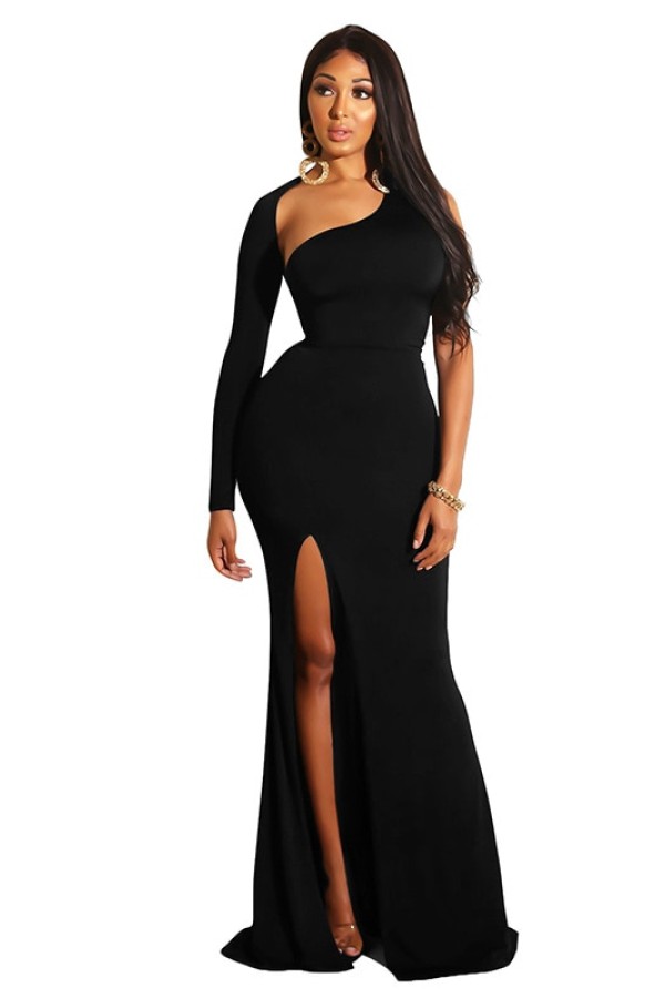 Glamorous One-Shoulder High-Split Maxi Dress - Solid Black, Red, and Blue