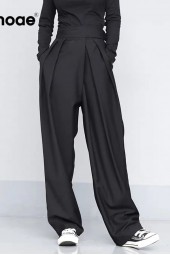 Black Color Wide Leg Pleated Loose Trousers Full Length Elegant Long Pants Ropa De Mujer
