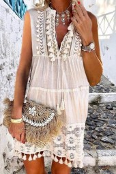 Bohemian Summer Vibes: Hollow Out Sweet Lace Tassel Mini Dress