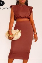 Summer Ready: Shoulder Padded Crop Top & High Waisted Long Skirt Set