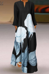 Floral Tunic Dress Long Sleeve Pockets Multicolor