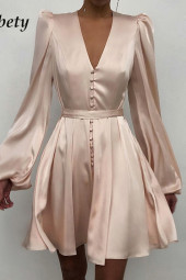 Satin V-Neck Long Sleeve A-Line Dress Apricot Satin V-Neck Long Sleeve A-Line Dress Apricot