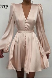 Elegant Satin Solid Spring Vintage Vneck Long Sleeve Line Dress Casual Button Design