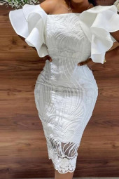 Elegant White Lace Ruffle Sleeve Slim Fit Knee Length Dress - Perfect for Christmas, Birthday, Celebrity Events & More