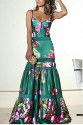 Elegant Retro Floral Maxi Dress - Soft Natural Silk Pleated Oversized Strap