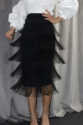 Elegant Retro Office Look: Black Fringe Bodycon Waist Midi Pencil Skirt High Streetwear Jupes Falads