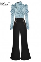 Fall in Love with this Designer Autumn Ruched Long Sleeve Tops and Double Breasted Bellbottoms Twopiece Set