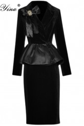 Luxurious Winter Elegance: Designer Notched Bow Beading Long Sleeve Ruffle Top and Black Velvet Skirt Two Piece Set