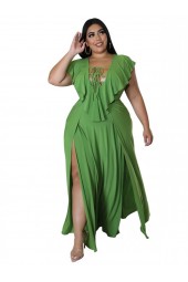 Summer Breeze: Plus Size Lace Up Hollow Empire Robes Patchwork Casual Long Maxi Dress