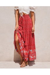 Vibrant Red Floral Bohemian Maxi Skirt - High Elastic Waist & Soft Rayon Cotton Blend