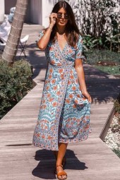 Summer Breeze Floral Boho Maxi Dress with Short Sleeve Sashes