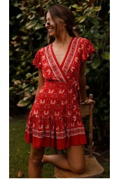 Vintage-Inspired Boho Chic: Hippie Floral Sashes Bohemian Wrap Mini Robe Short Sleeve Rayon Dress