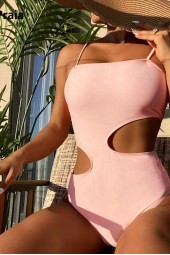 Women's Flair: Pink One Piece Swimsuit with Hollow Out Detail and High Waist Push Up Bodysuit
