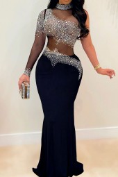 Plus Size Rhinestone Mesh Elegant Dress - Perfect for Spring Casual Birthdays, Luxurious Evenings Out