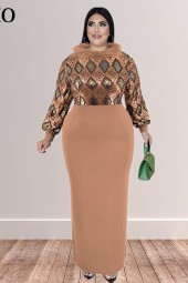 Elegant Luxury: Autumn Evening Fur Collar Long Sleeve Plus Size Patchwork Maxi Dress