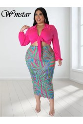 Plus Size Two Piece Dress Set - Crop Top Bow & Skirt Summer Outfit