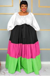 Plus Size Pleated Patchwork Loose Maxi Round Neck Full Sleeve Long Cake Line Dress - Perfect for Any Occasion