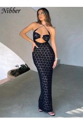 Chic Street Style: Solid Hanging Neck Maxi Hollow Perspective Bag Hips Robe Dress